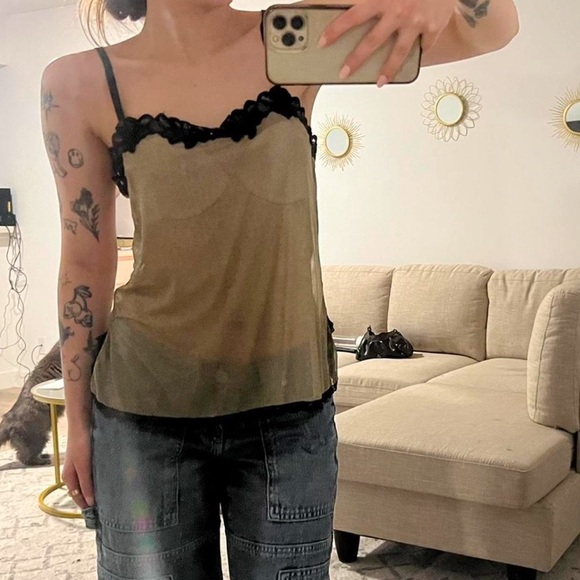 Y2K Sheer Lace Trim Mesh Cami Top XS - Picture 3 of 5